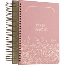 Bíblia NVI com Espaço para Anotações central, Capa dura rosa floral, Espiral, Leitura Perfeita